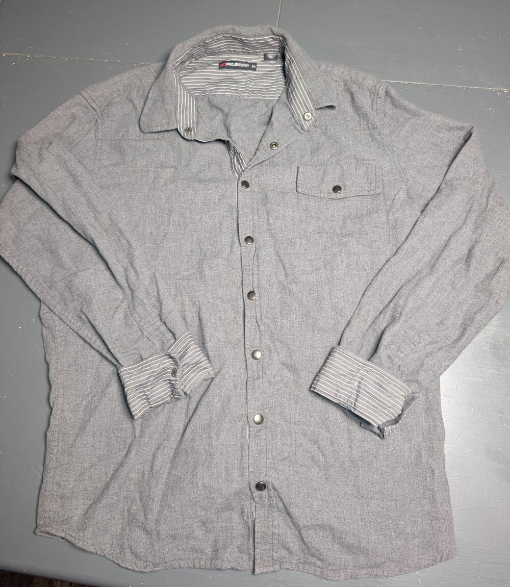 ProjeK Raw Gray Western Flannel Shirt Mens L Snap Button Cotton Workwear